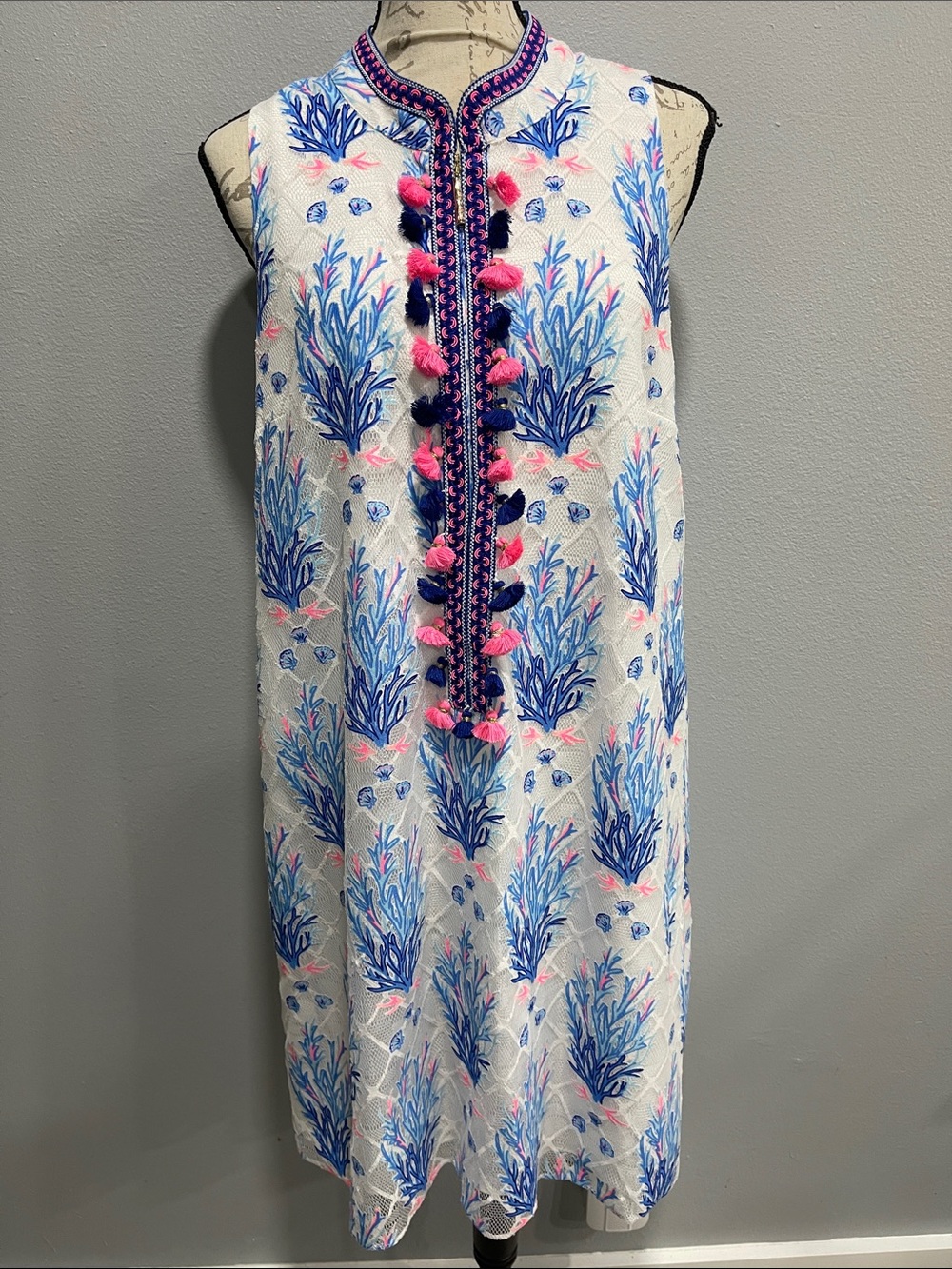 Lilly Pulitzer Sleeveless White Shift Dress with Blue & Pink Embroidery